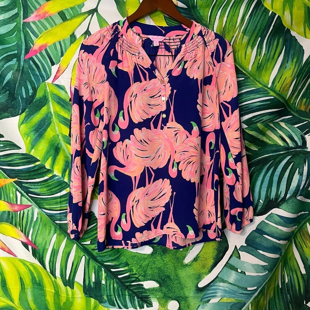 Lilly Pulitzer XS Blue Neon Pink Silk Flamingo Gold Button Preppy Colorful Top